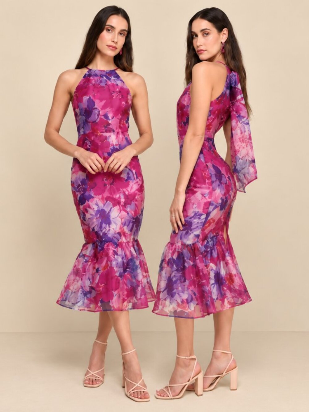 LULU's Floral Sexy Flowy Special Event Prom Wedding Chic Elegant Midi Dress
